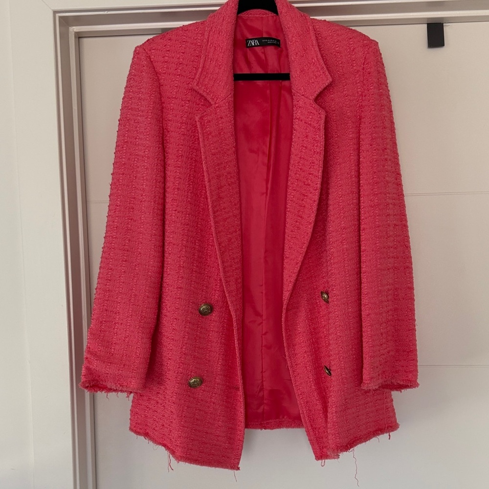 Zara Hot Salmon Pink Oversized Tweed Double-Breasted Blazer